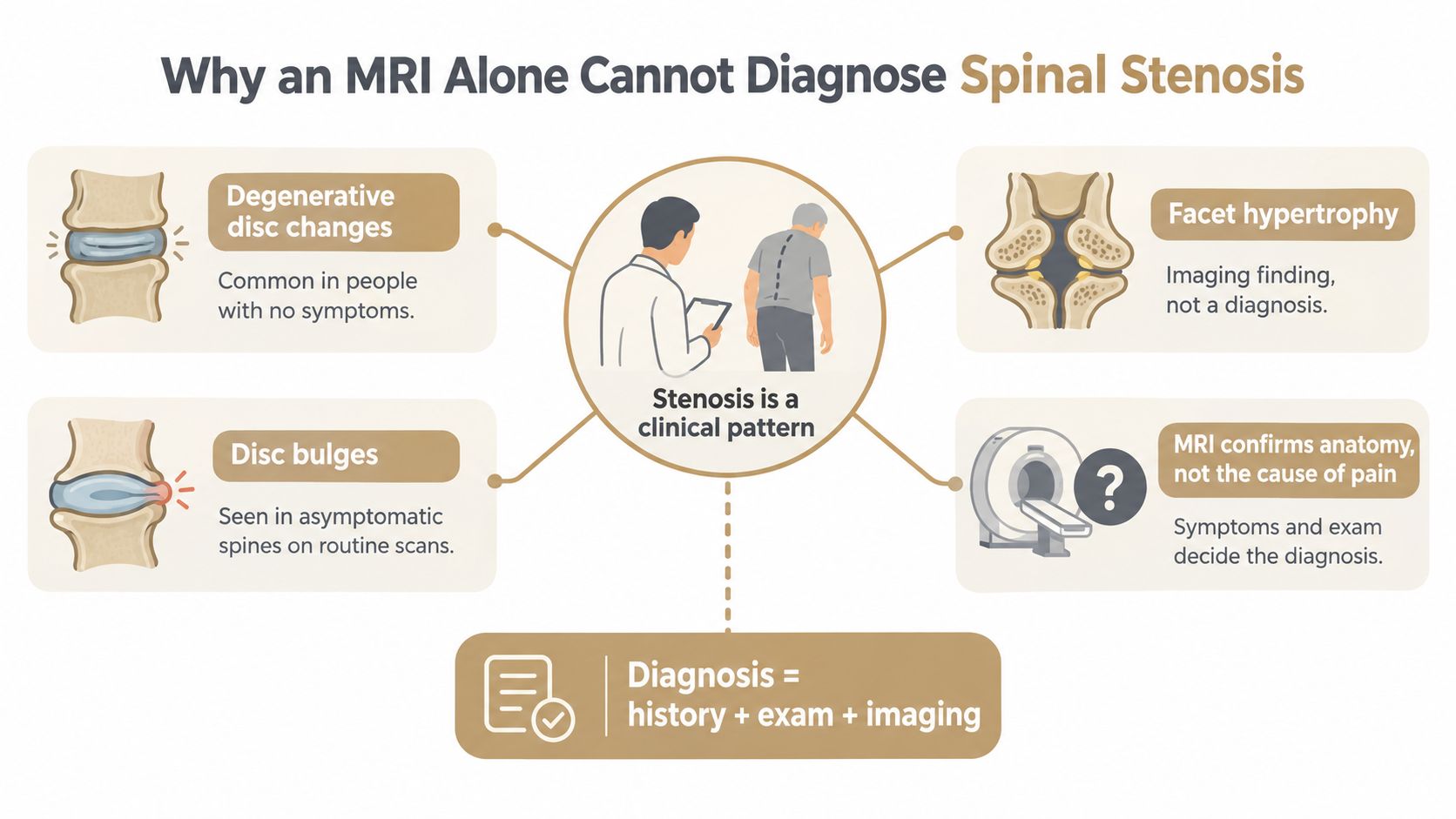 An infographic explaining that spinal stenosis is a clinical diagnosis requiring patient history, examination, and imaging results.