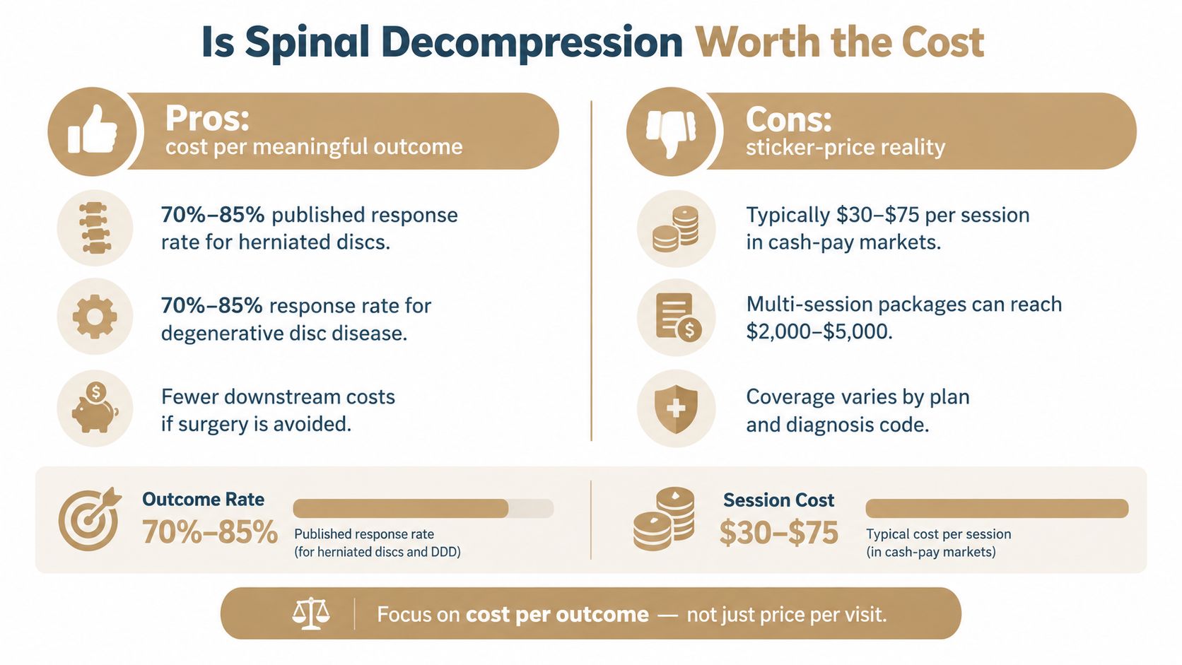 An infographic titled Is Spinal Decompression Worth the Cost comparing the pros and cons of treatment.