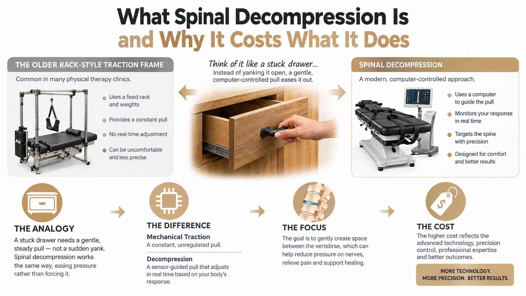 An infographic explaining the differences between traditional traction and modern spinal decompression therapy and its associated costs.