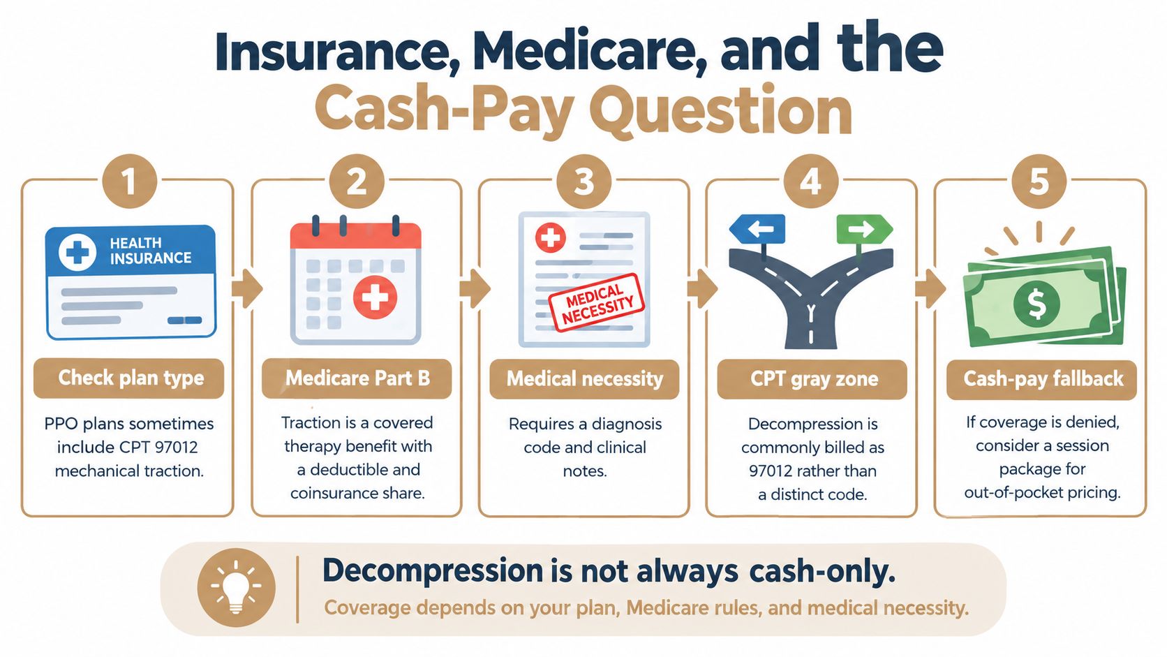 A five-step infographic explaining how insurance, Medicare, and cash-pay options apply to spinal decompression therapy costs.