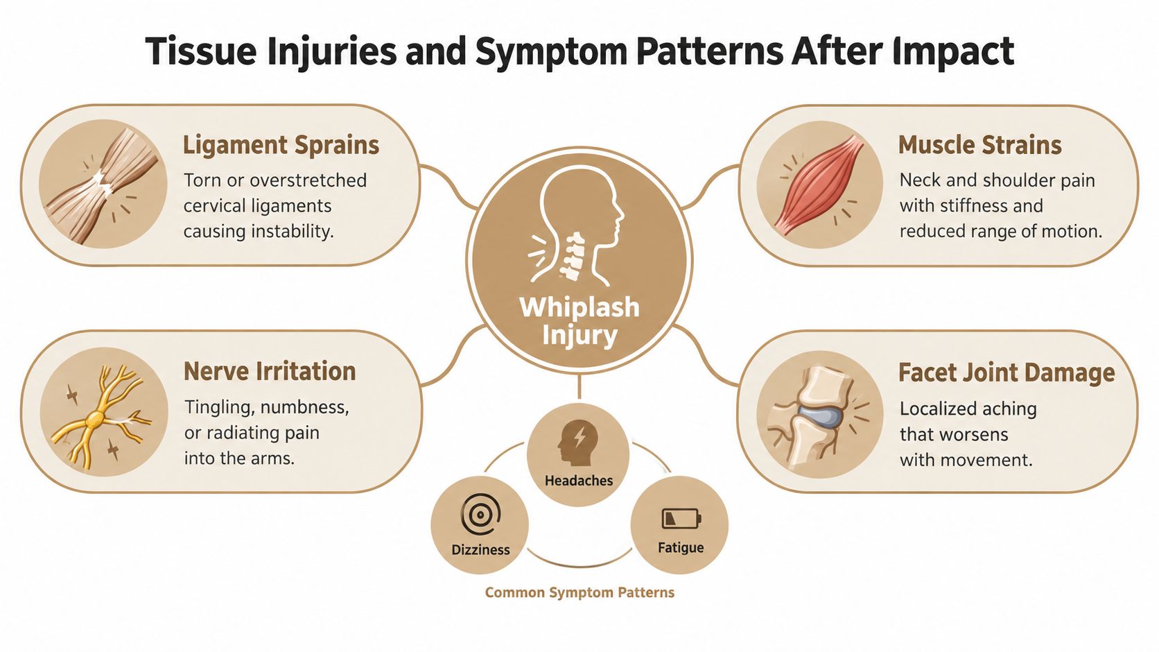 A medical infographic detailing four types of whiplash tissue injuries and common associated symptom patterns.