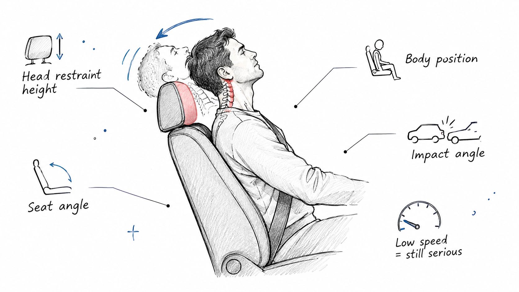 A diagram illustrating the causes of whiplash injury in car accidents, including head restraint and body positioning.