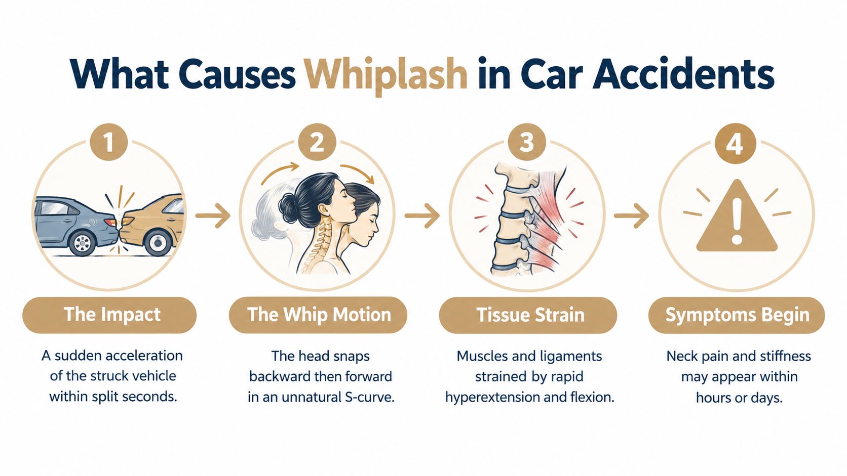 A four-step infographic illustrating how a rear-end car accident causes whiplash injury to the neck muscles.