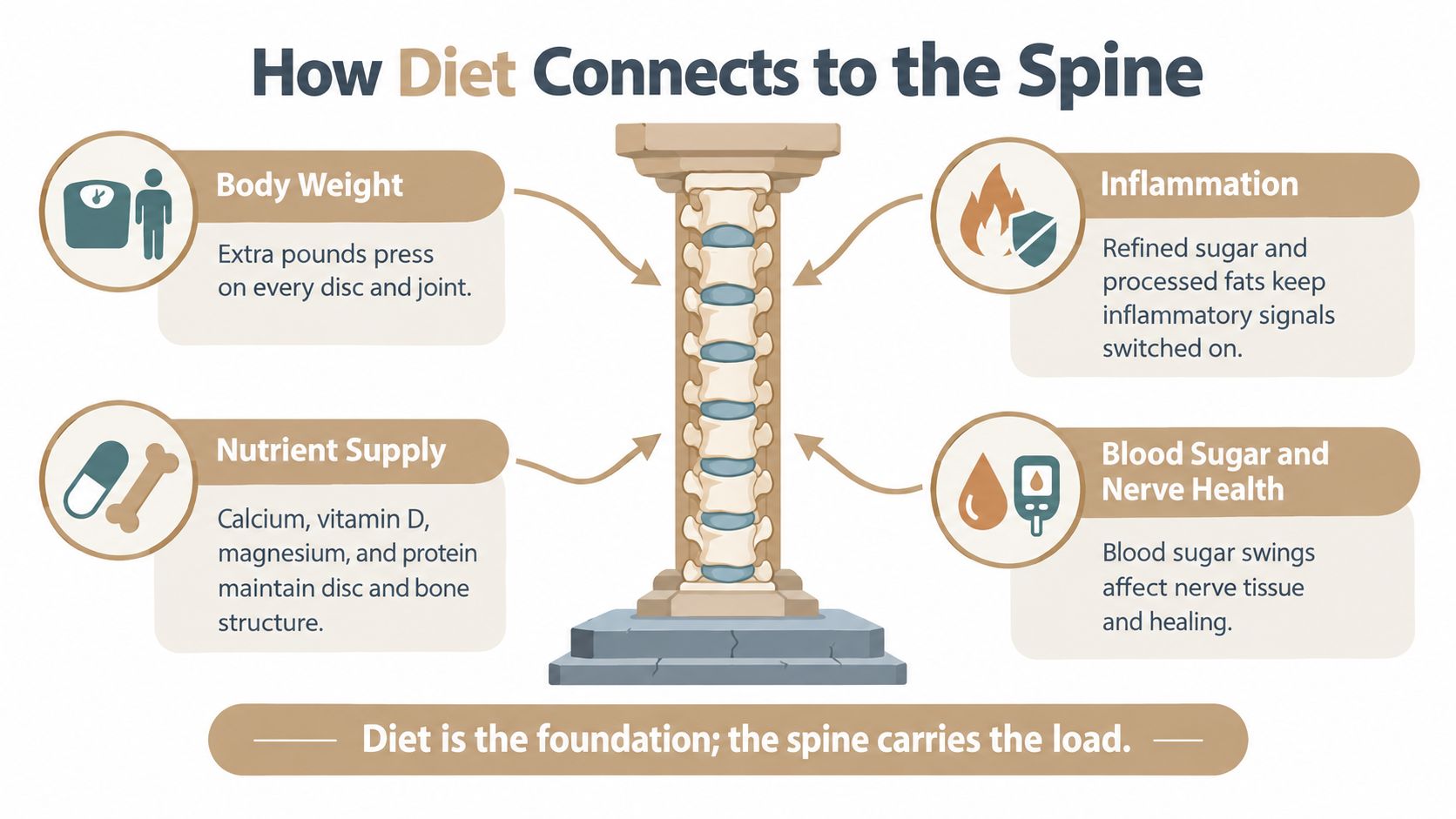 An infographic illustrating four ways diet impacts spine health, including weight, inflammation, nutrients, and blood sugar.
