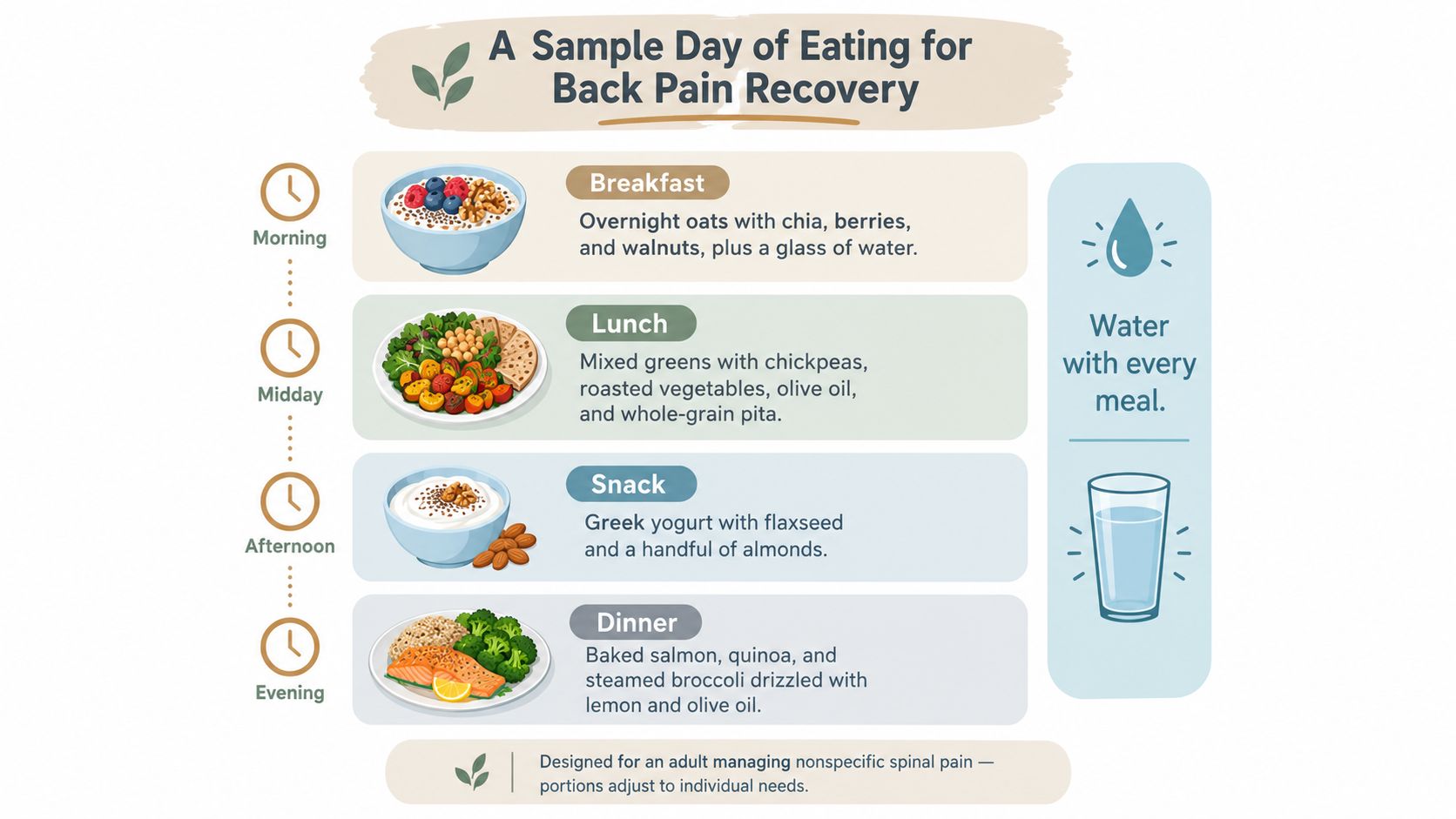 A dietary infographic showing a sample daily meal plan designed to help manage and recover from back pain.