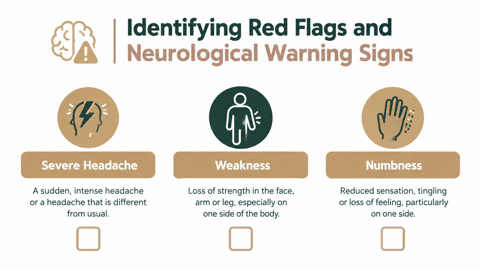 An infographic illustrating common neurological red flags including severe headaches, body weakness, and numbness in limbs.