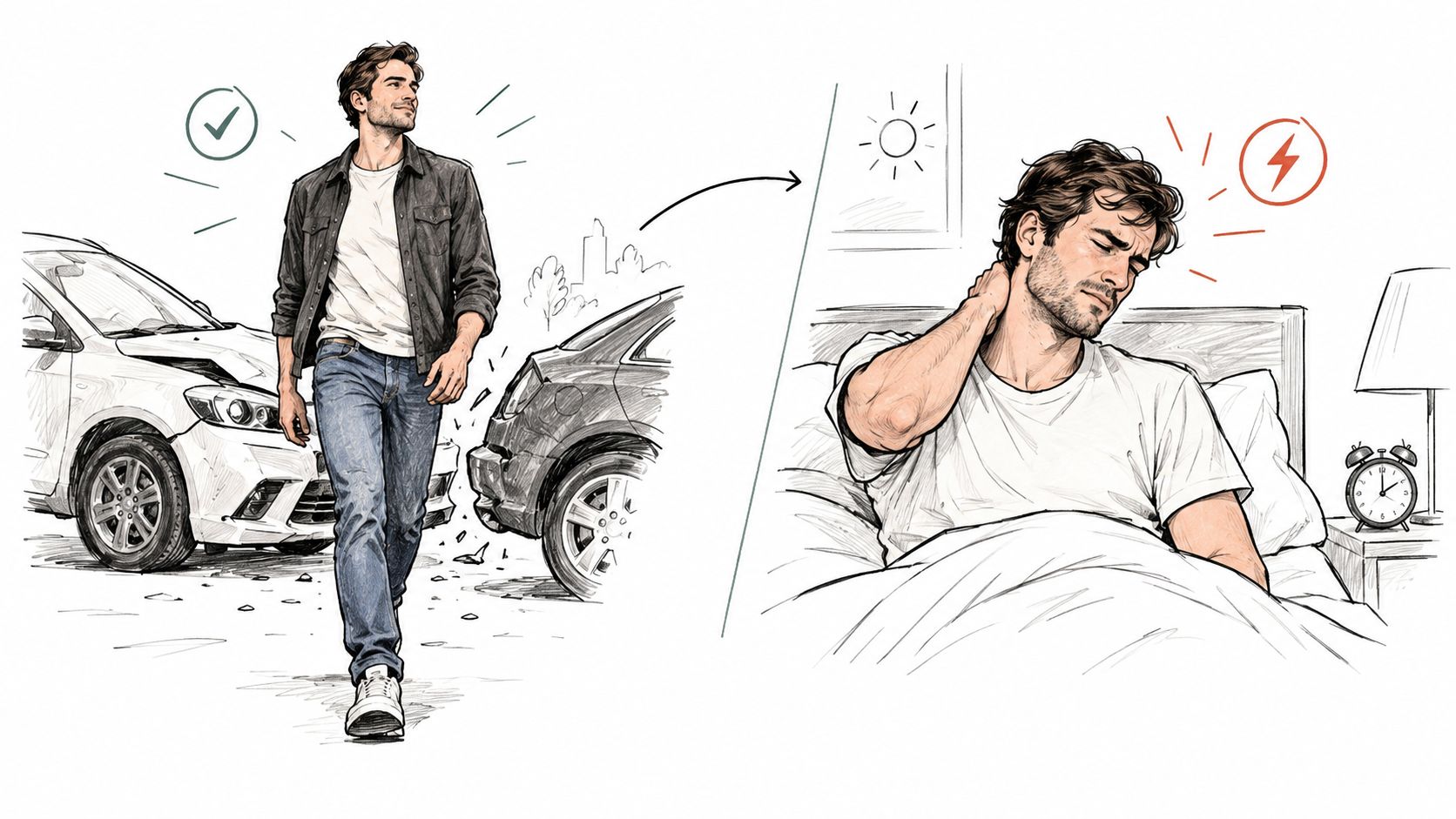 A man walking away from a car accident and later suffering from neck pain while in bed.