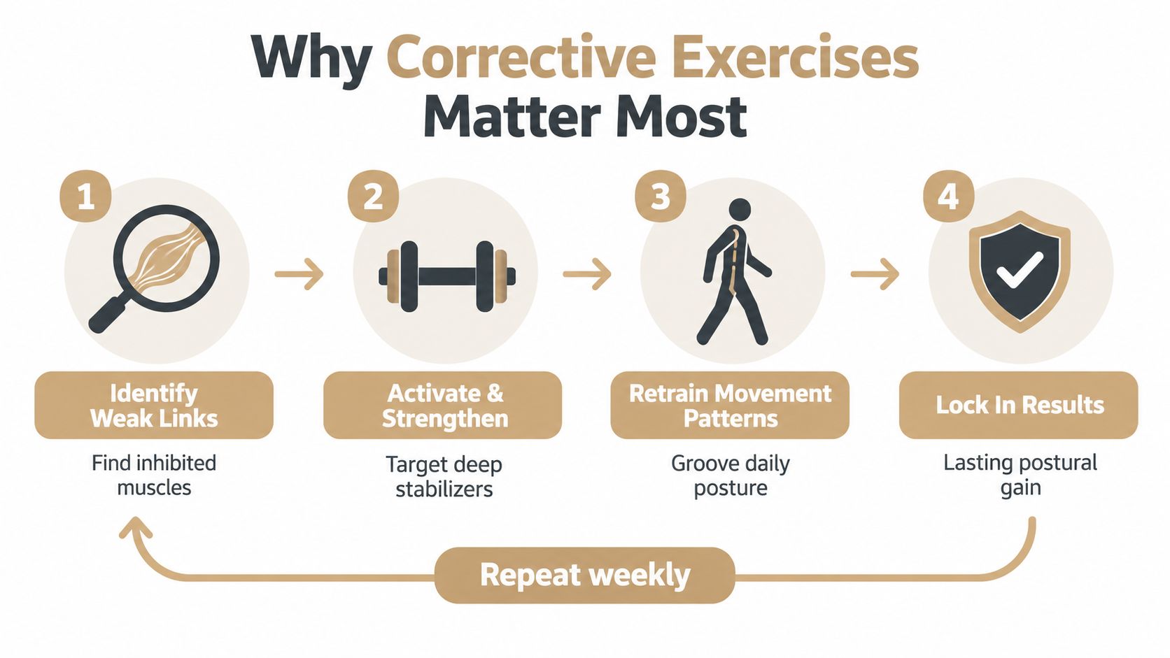 A four-step infographic illustrating the corrective exercise process for improving posture and muscle function.