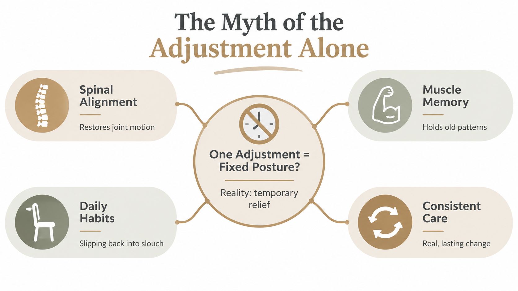 An infographic explaining why regular chiropractic adjustments are needed for long-term postural improvement rather than just one.