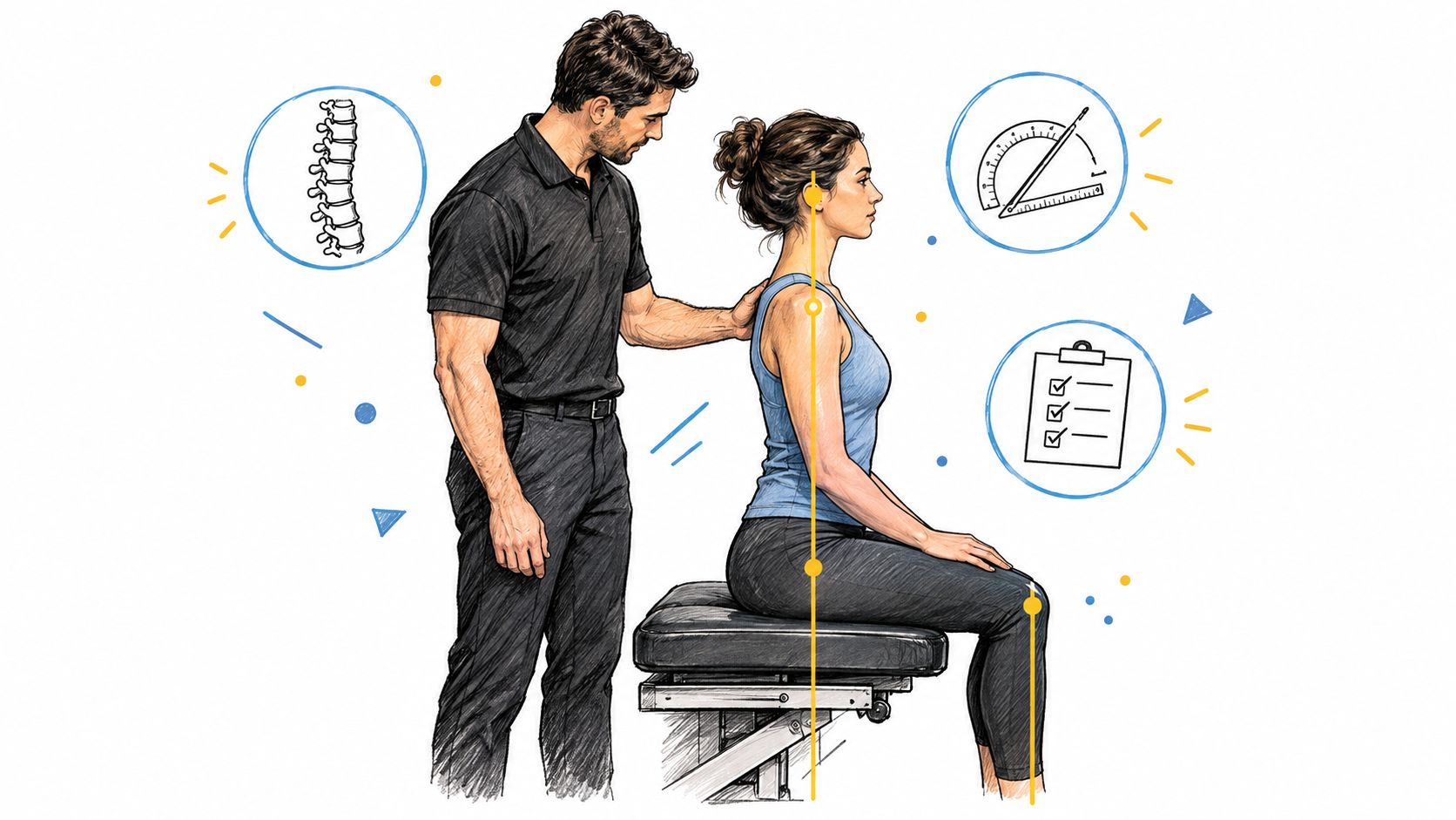 A chiropractor evaluating a female patient's seated posture in a clinic with diagnostic icons for spinal assessment.