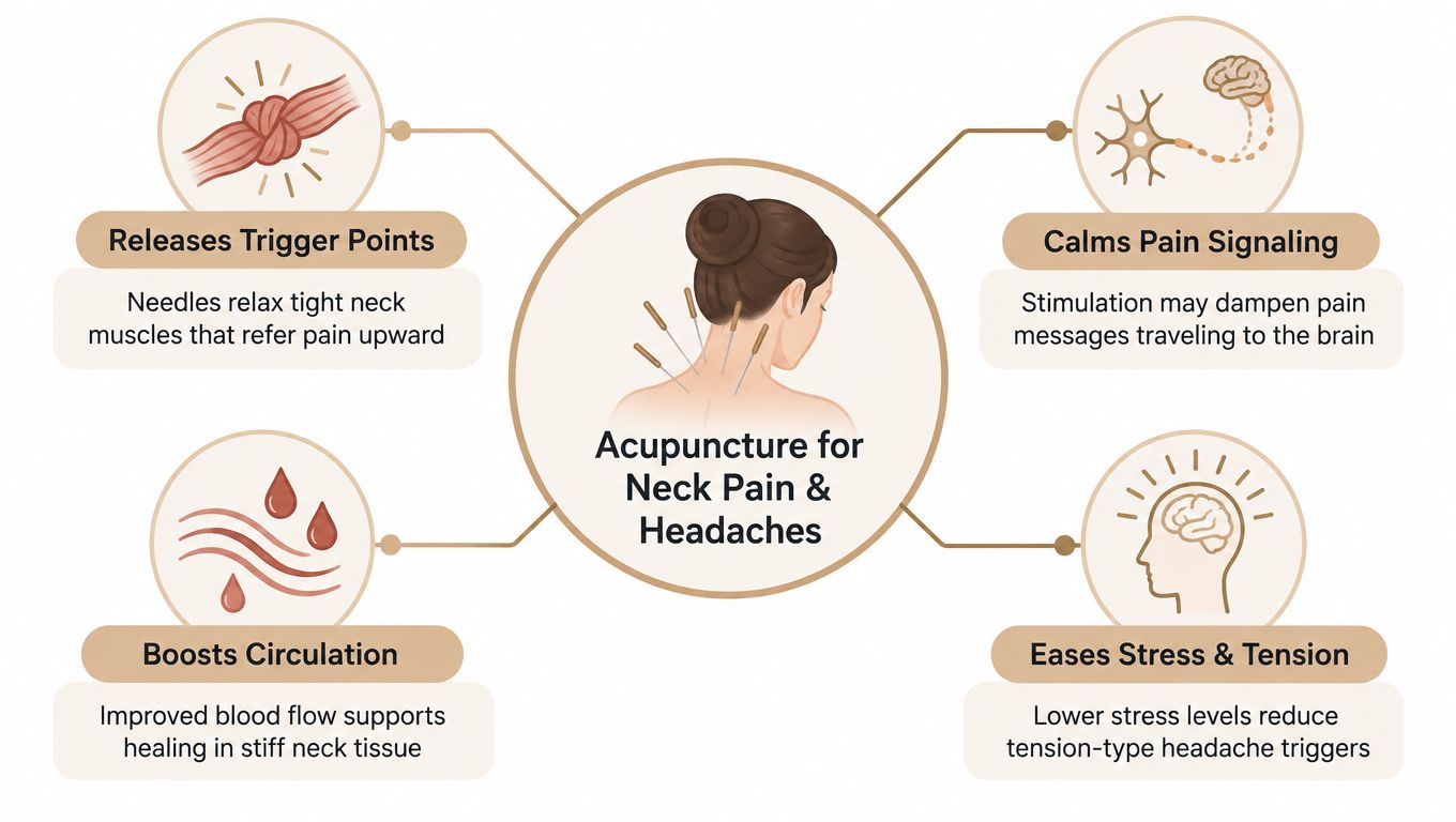 An infographic showing four key benefits of acupuncture treatments for neck pain and chronic headaches.