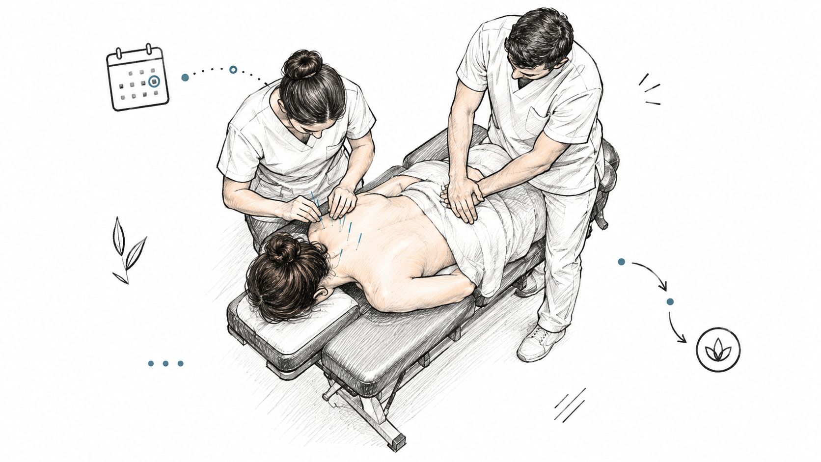 A professional therapist performing acupuncture on a patient's back while another therapist provides manual therapy treatment.
