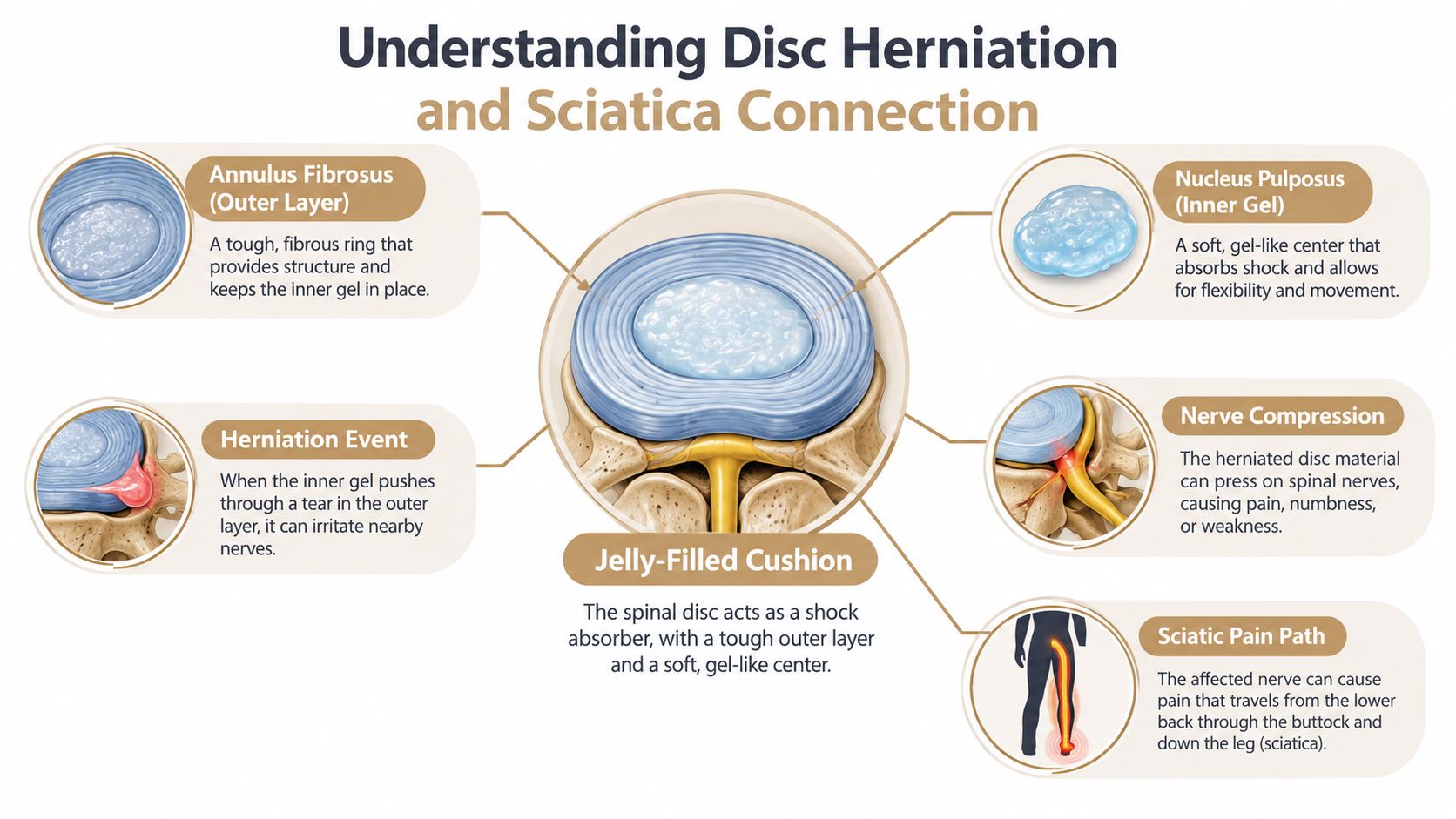 An educational infographic illustrating the anatomy of a spinal disc and how herniation leads to sciatica pain.