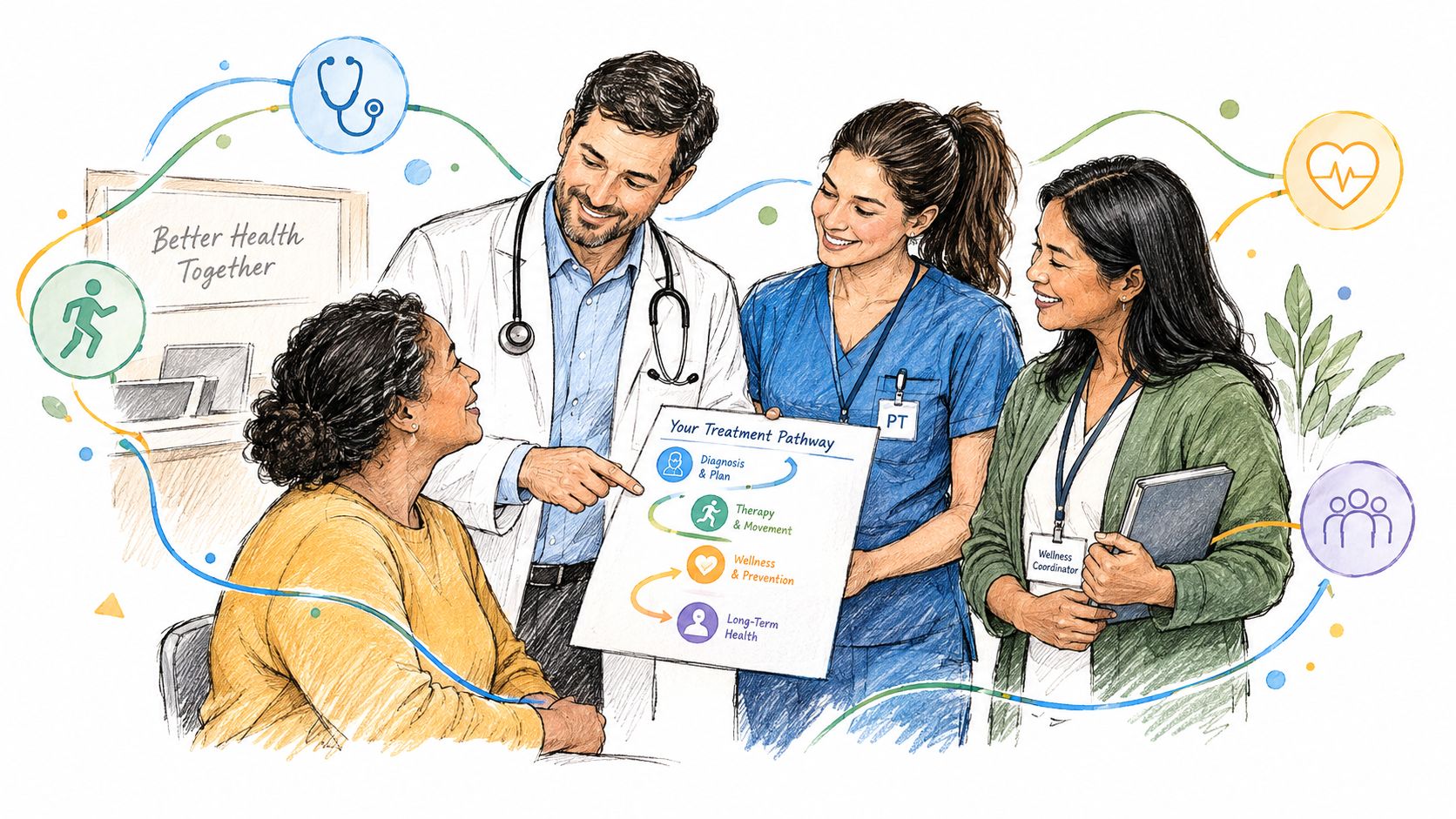 A doctor, physical therapist, and wellness coordinator explaining a treatment pathway chart to a female patient.