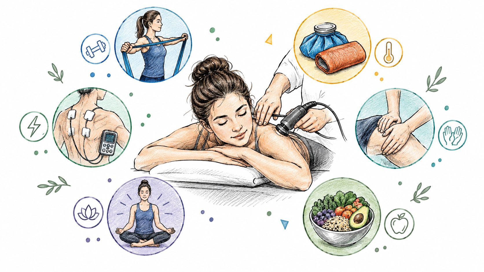 A central illustration of a patient receiving ultrasound therapy surrounded by various physical rehabilitation and wellness treatments.