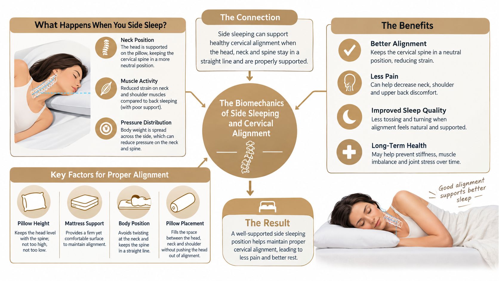 An infographic illustrating how side sleeping positions affect cervical alignment, neck health, and overall sleep quality benefits.