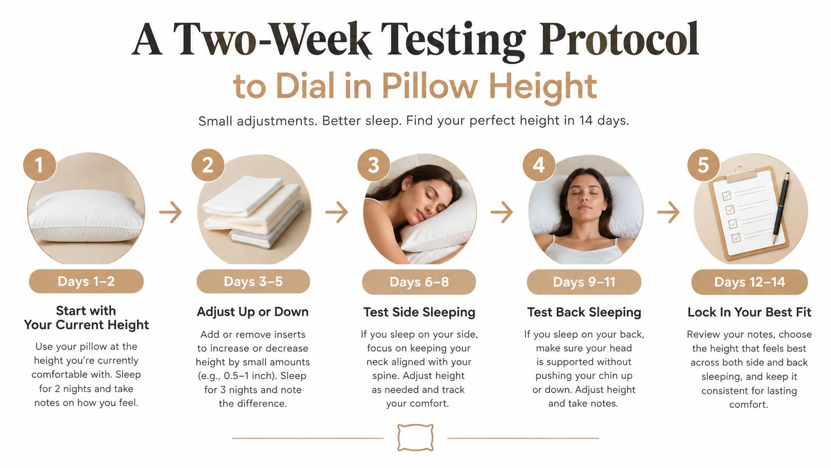 A 14-day testing protocol infographic guiding users on how to adjust pillow height for better sleep comfort.