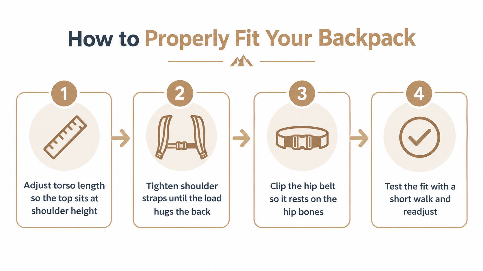 An infographic showing a four-step guide on how to properly fit and adjust a hiking backpack.