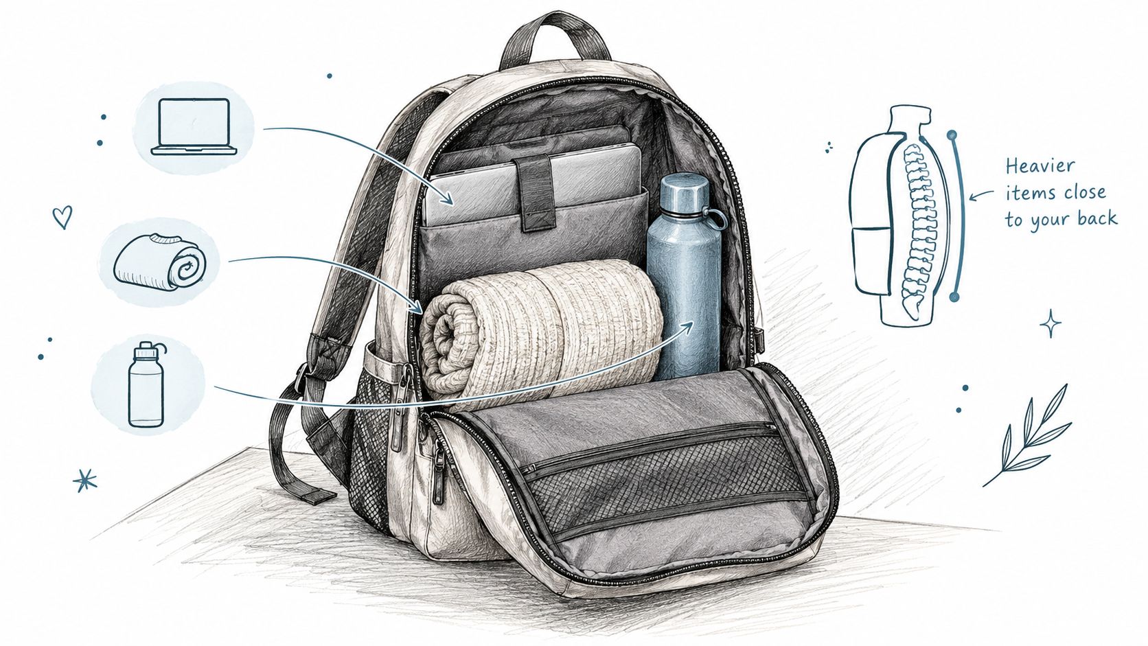 A detailed illustration showing how to properly pack a backpack with items placed closest to the back.