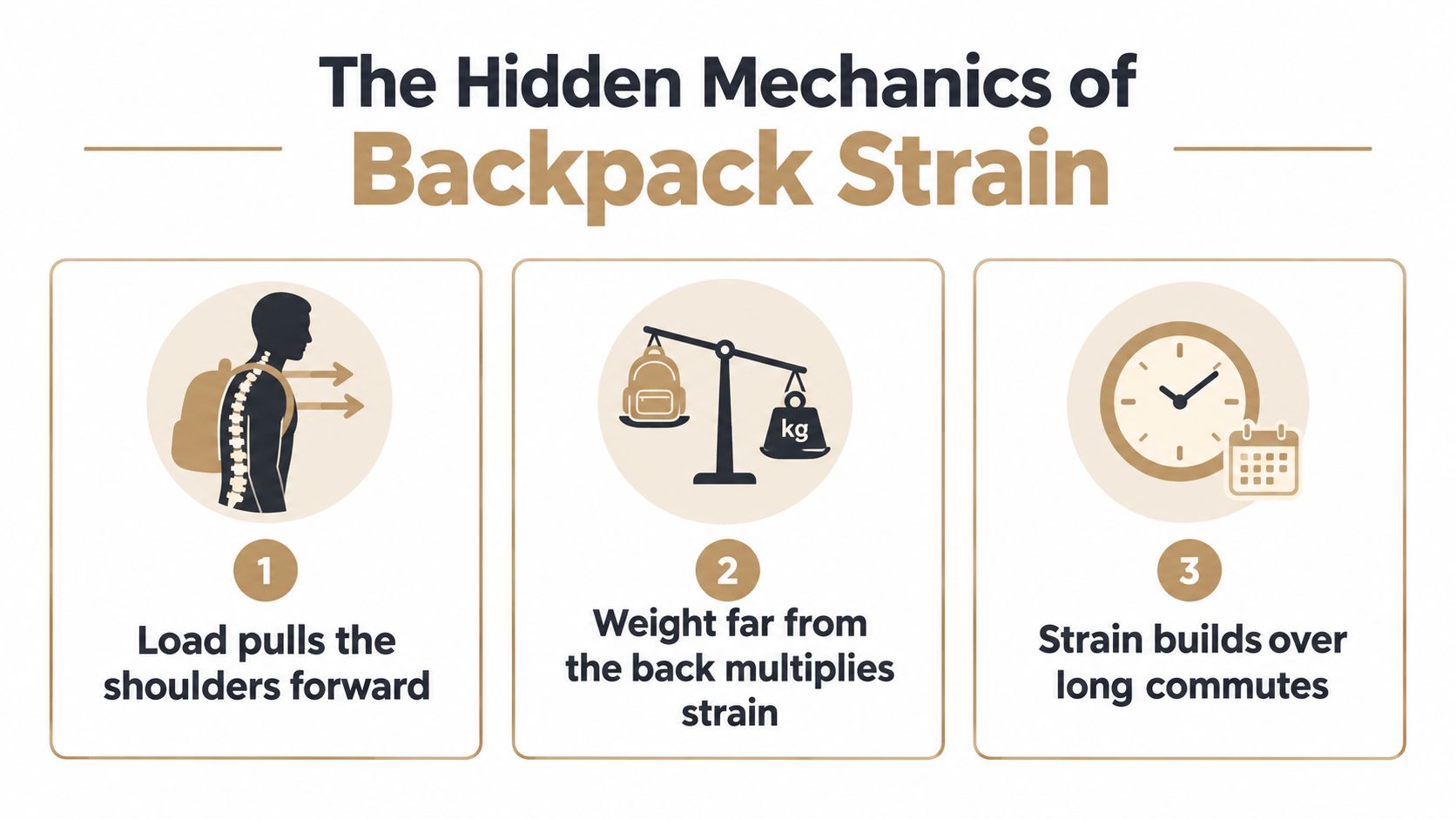 An infographic titled The Hidden Mechanics of Backpack Strain illustrating three causes of back pain from wearing backpacks.