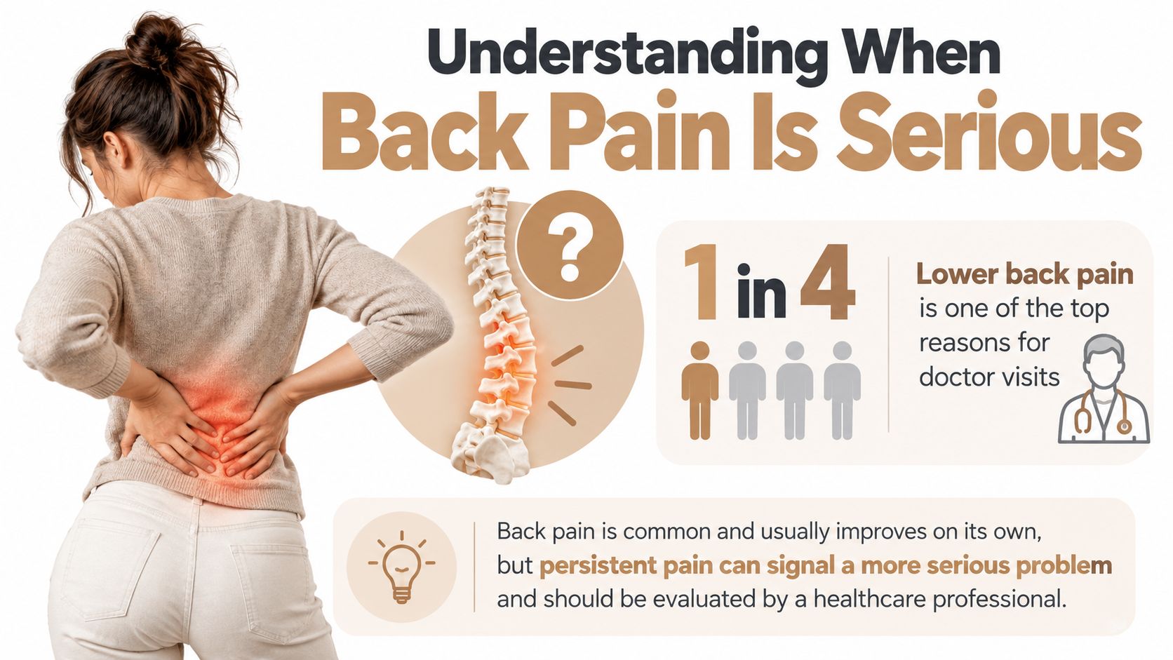 A woman holding her lower back in pain next to an infographic about when to see a doctor.