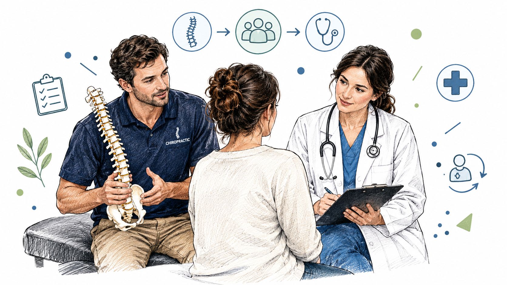 A chiropractor and a doctor consulting with a patient about spinal health and care.