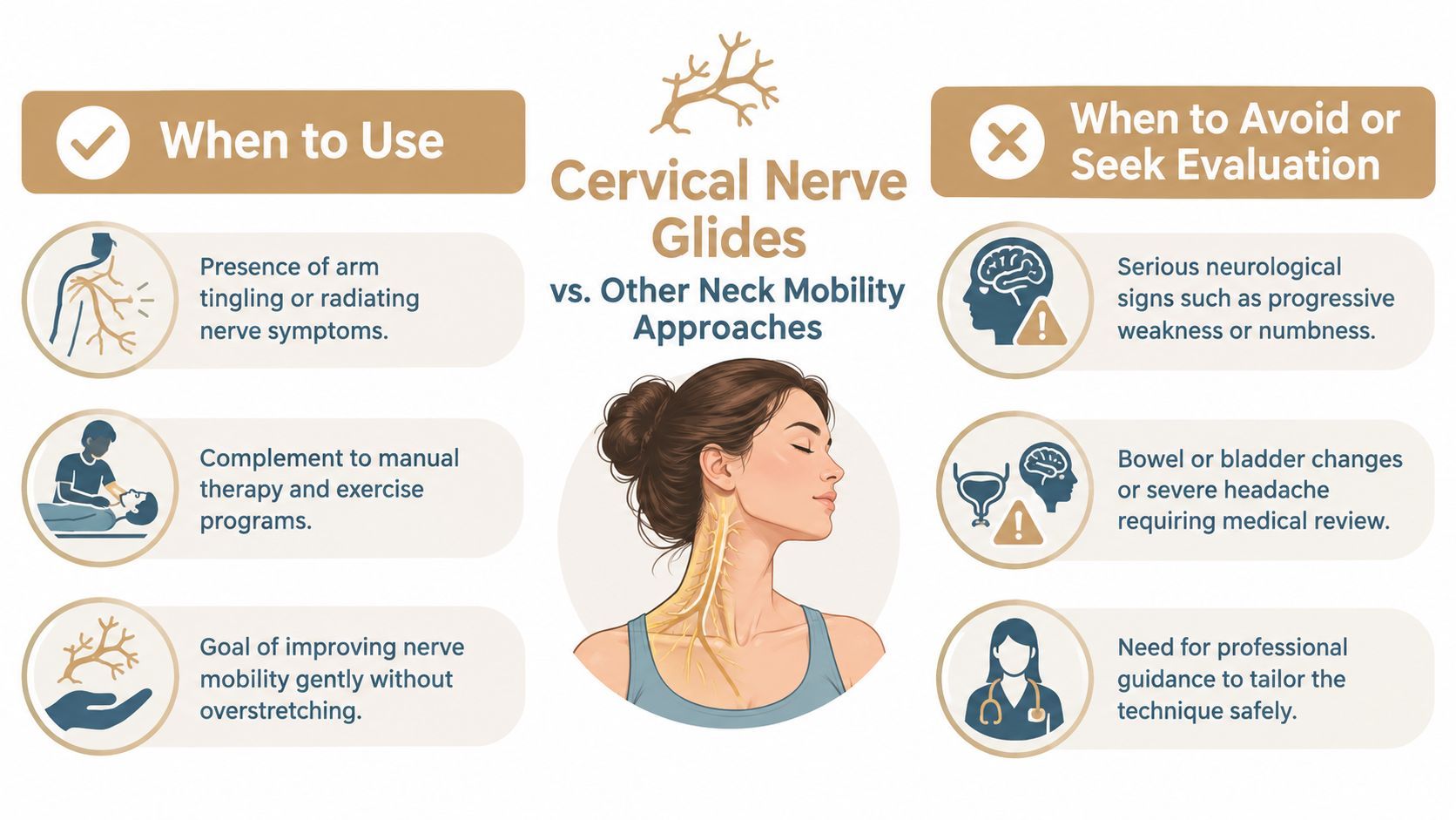 An infographic comparing when to use cervical nerve glides versus when to seek professional medical evaluation.