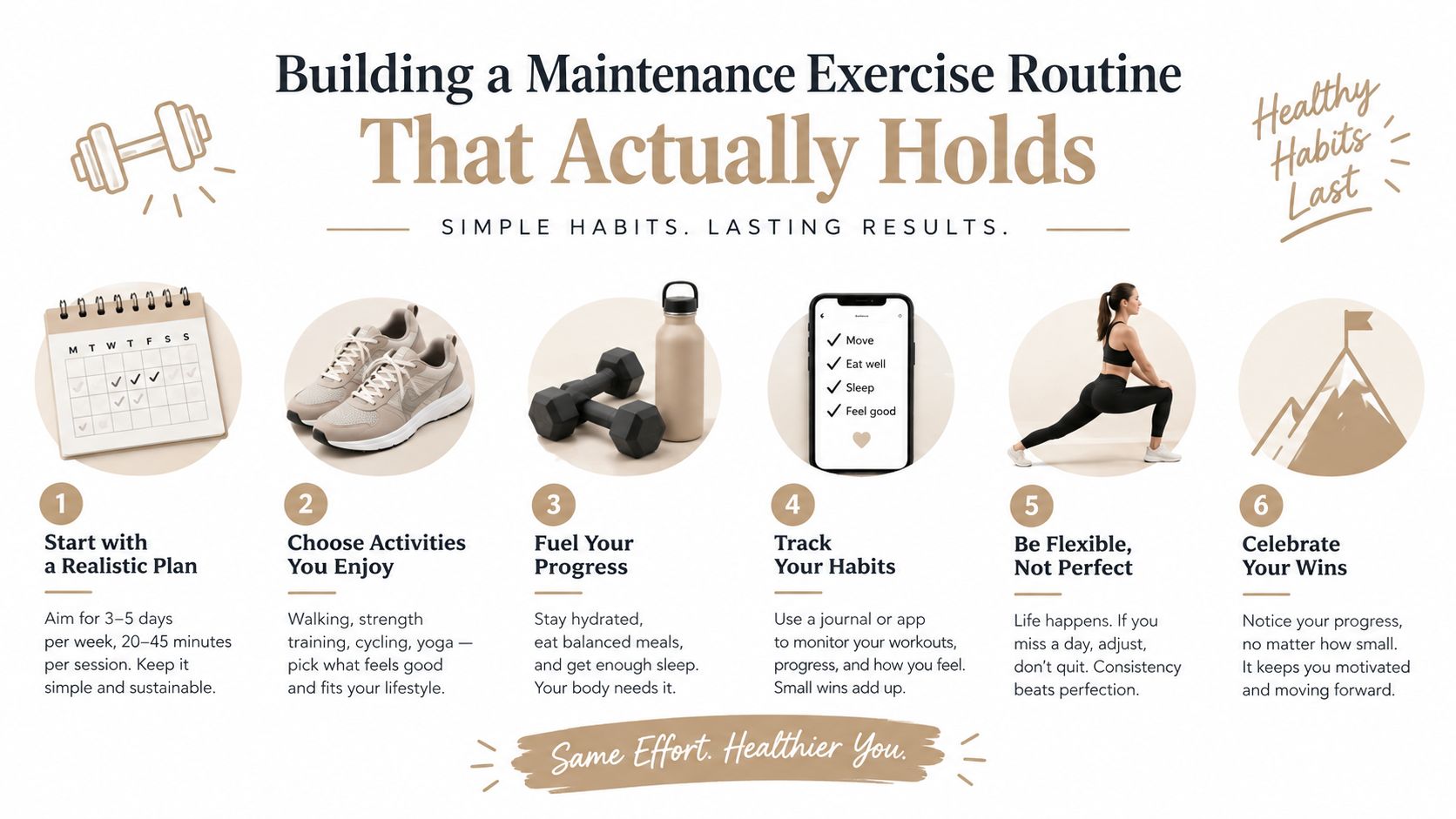 An infographic showing six simple steps to build and maintain a sustainable long-term exercise and fitness routine.