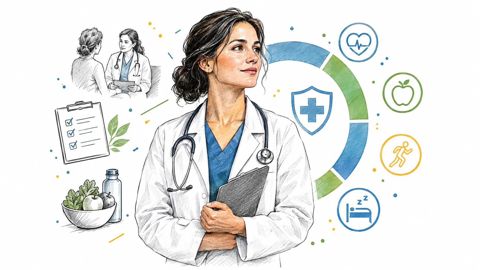 A female doctor with a stethoscope holds a clipboard, surrounded by healthy lifestyle icons and health symbols.