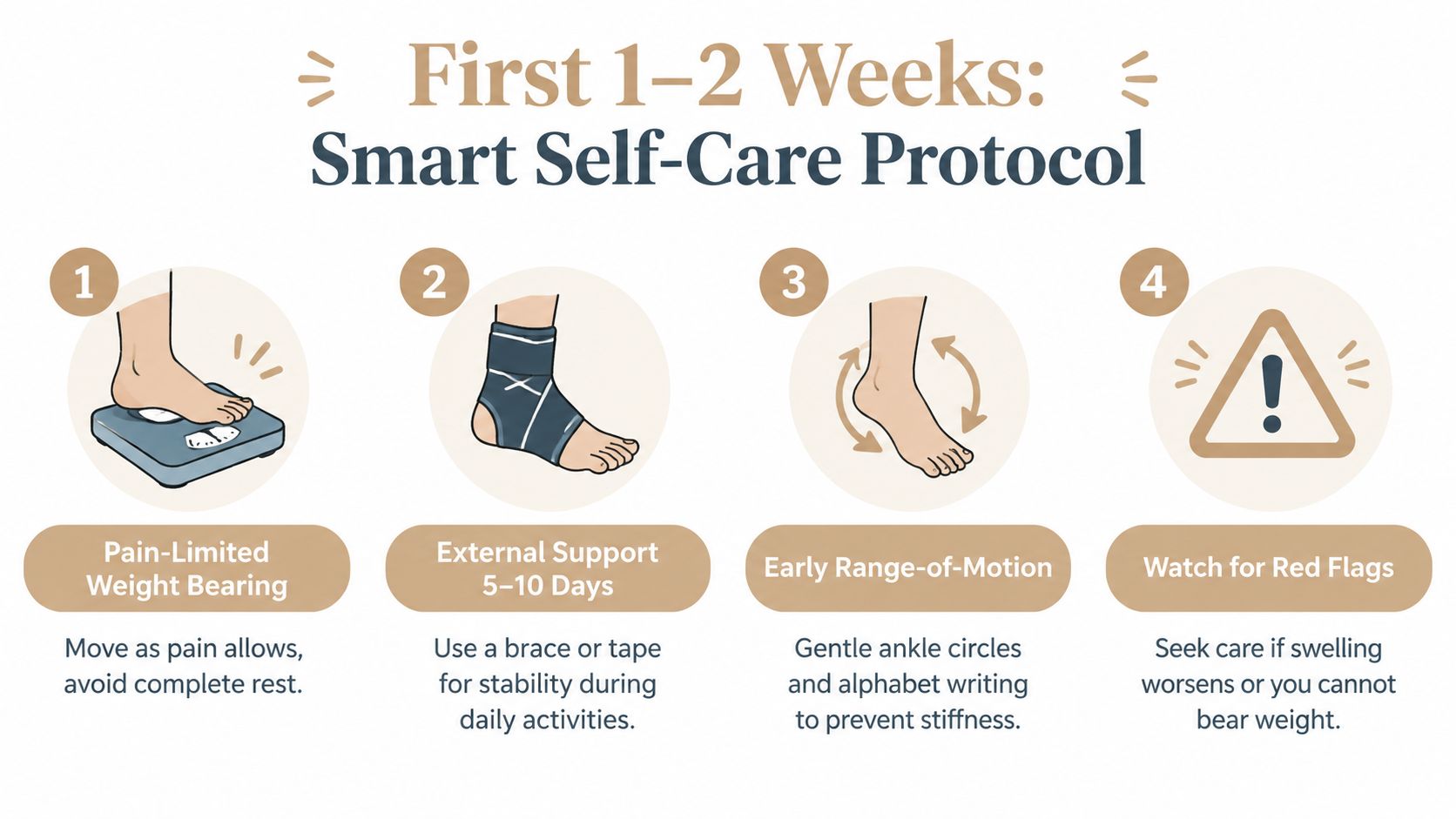 An infographic showing a four-step ankle self-care protocol for the first one to two weeks of recovery.