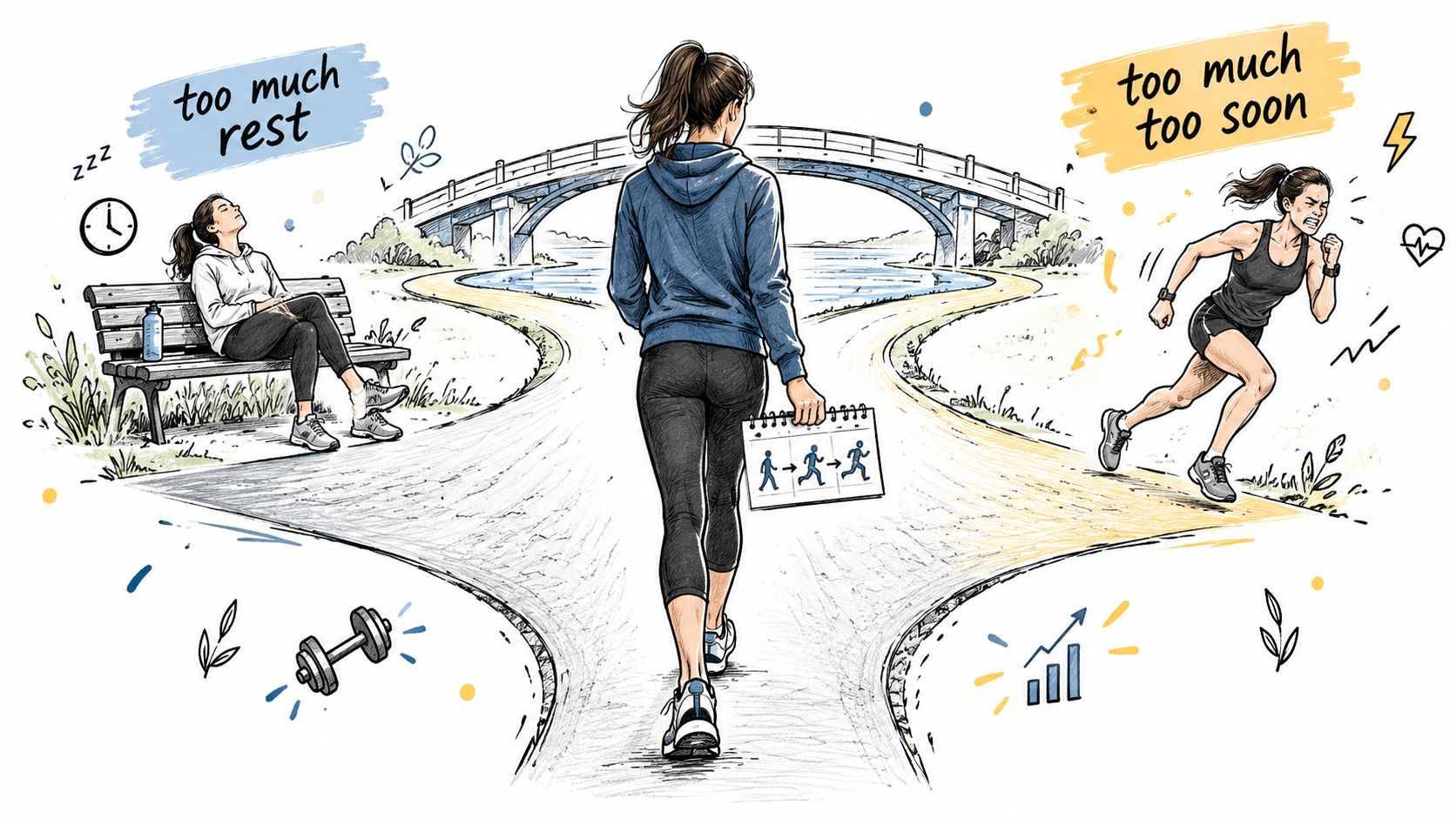 A woman walks toward a bridge, choosing a balanced path between resting and overtraining in exercise.
