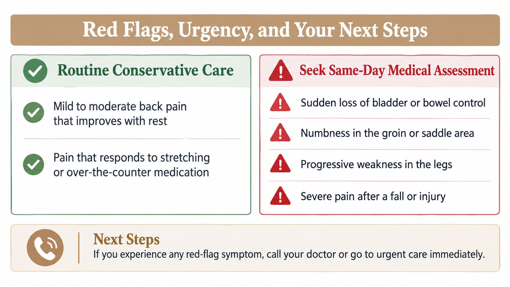 A chart detailing routine back pain care versus red flags that require urgent medical attention and assessment.