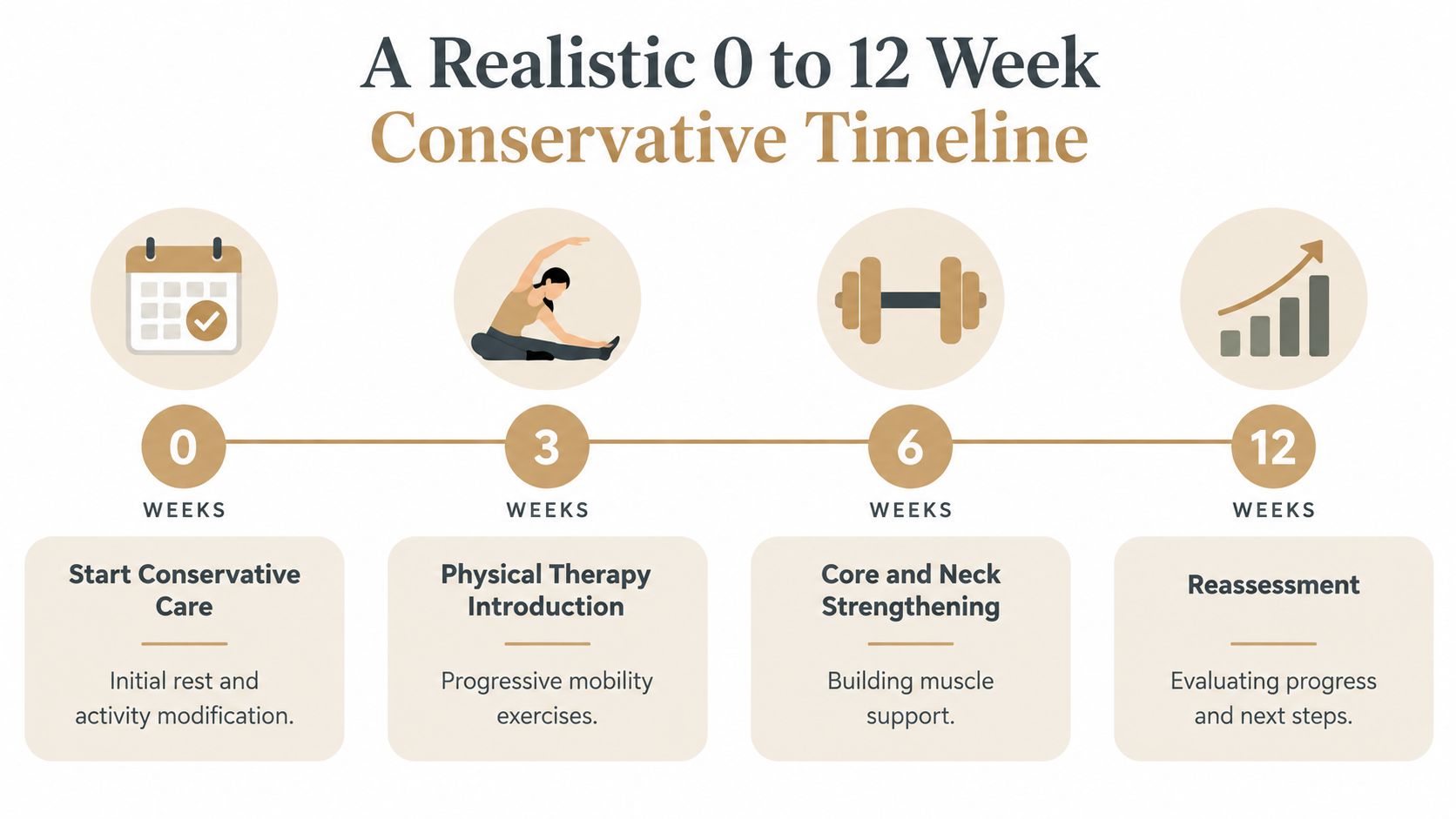 A 12-week timeline chart illustrating the stages of conservative care for neck pain recovery and treatment.