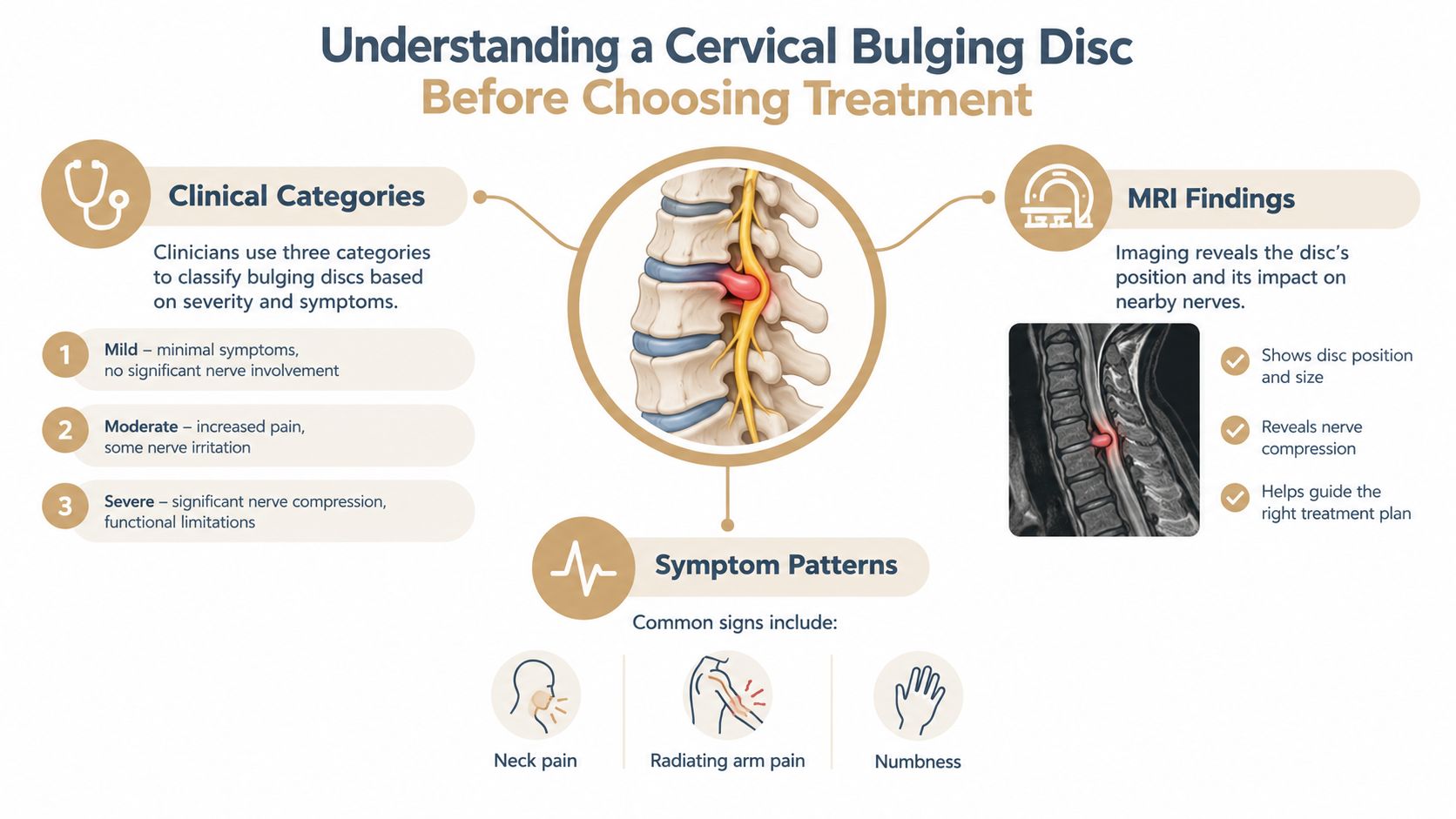 An infographic explaining clinical categories, MRI findings, and common symptoms associated with a cervical bulging disc.