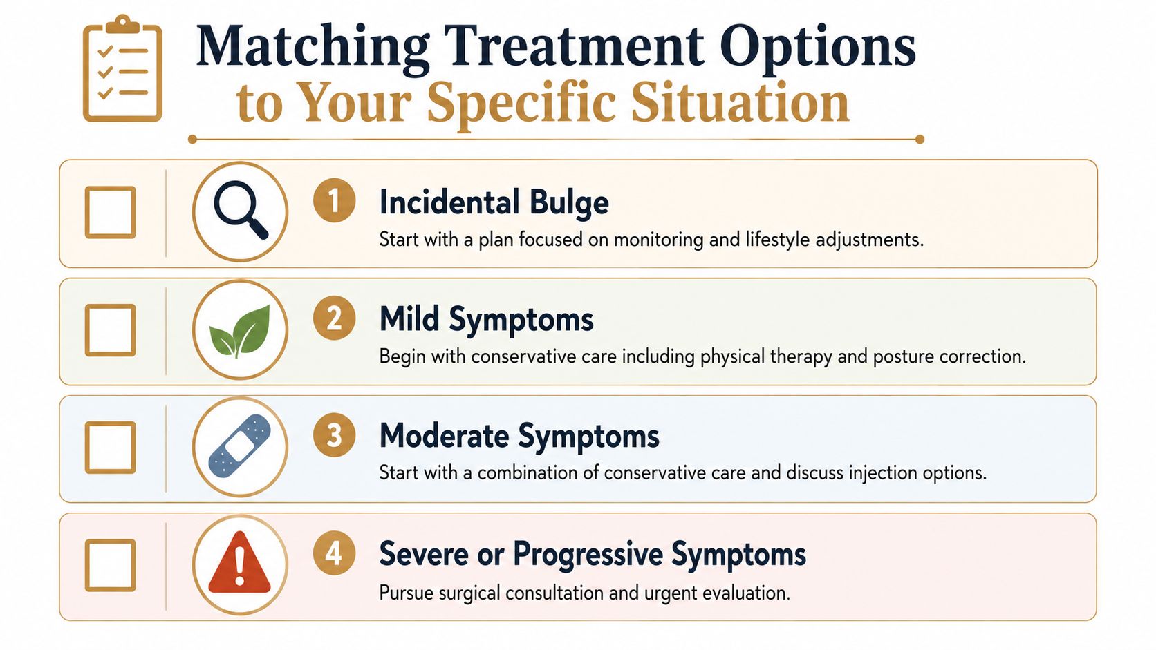 A chart showing four levels of medical treatment options for a bulging disc based on symptom severity.