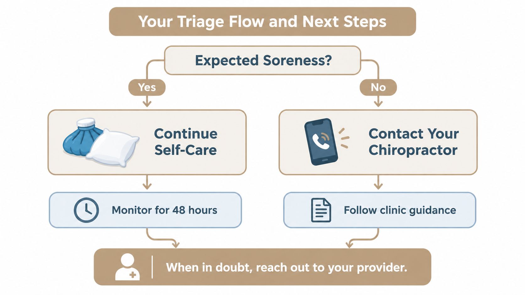 A flowchart titled Your Triage Flow and Next Steps for managing chiropractic soreness and patient care instructions.