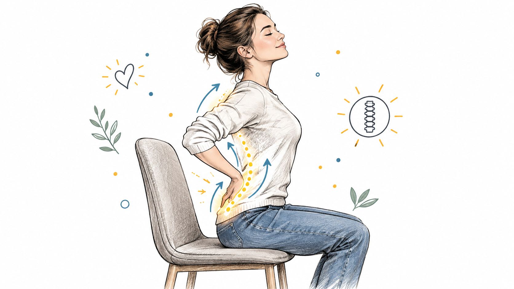 A woman sitting on a chair, using her hand to support and relieve lower back pain.