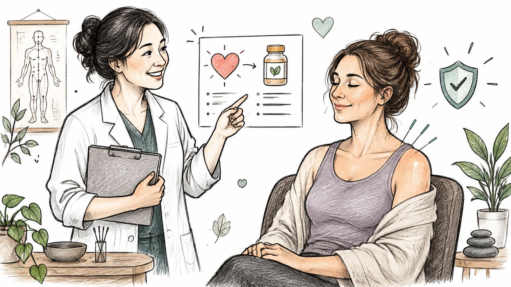 A professional acupuncturist consulting with a relaxed patient during a holistic health and wellness session.