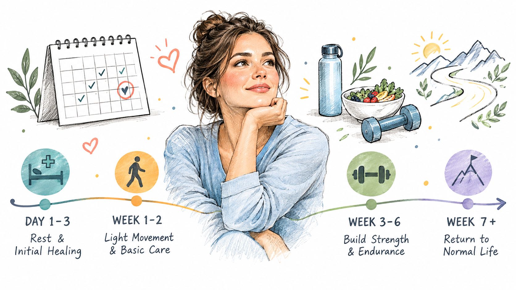 A wellness recovery timeline illustration for lumbar disc herniation and sciatica, showing stages from rest to returning to normal life.
