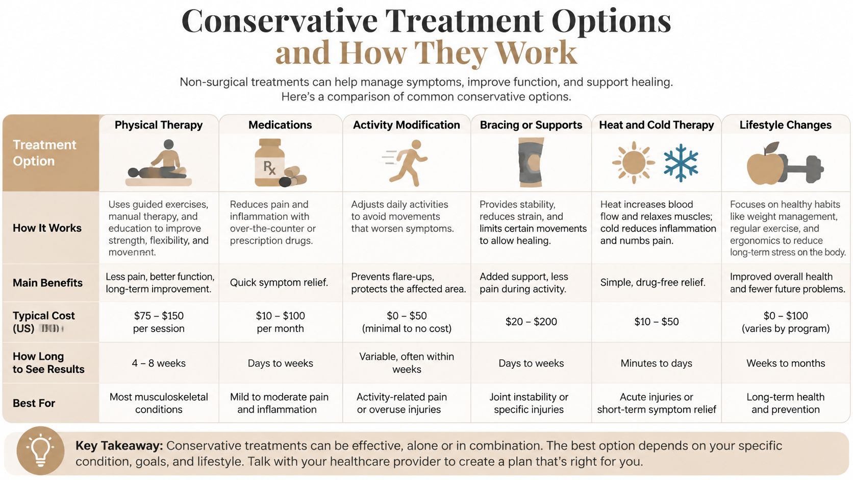 A table comparing various conservative, non-surgical treatment options for managing musculoskeletal pain and injuries.