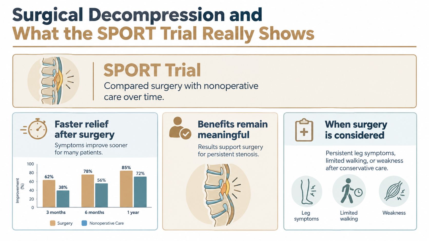 An infographic showing the comparative results of surgical versus nonoperative treatment for spinal stenosis patients.