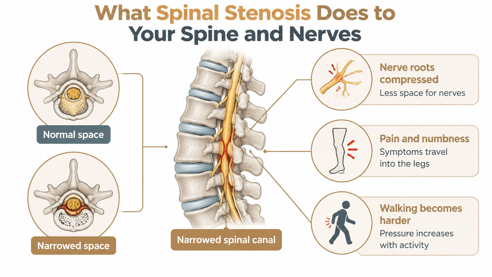 An infographic illustrating spinal stenosis, showing normal versus narrowed spinal canals, compressed nerves, and associated leg pain.