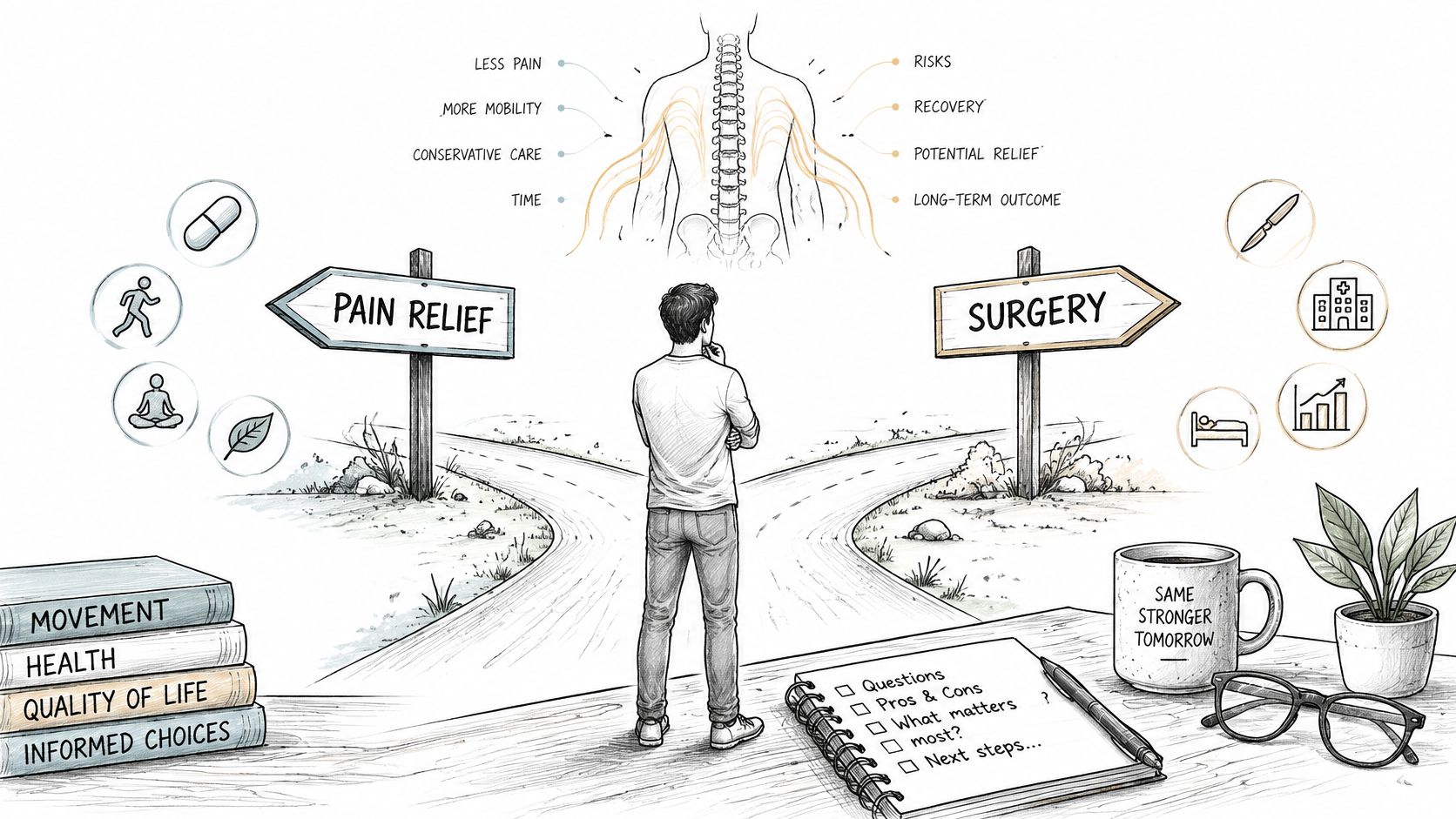 A person standing at a crossroads choosing between conservative pain relief treatments and surgical intervention options.