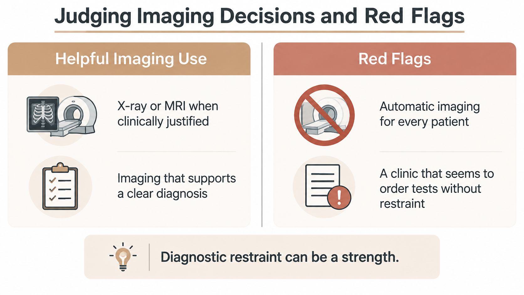 A chart illustrating helpful versus red flag imaging practices for clinical diagnosis and patient healthcare decisions.