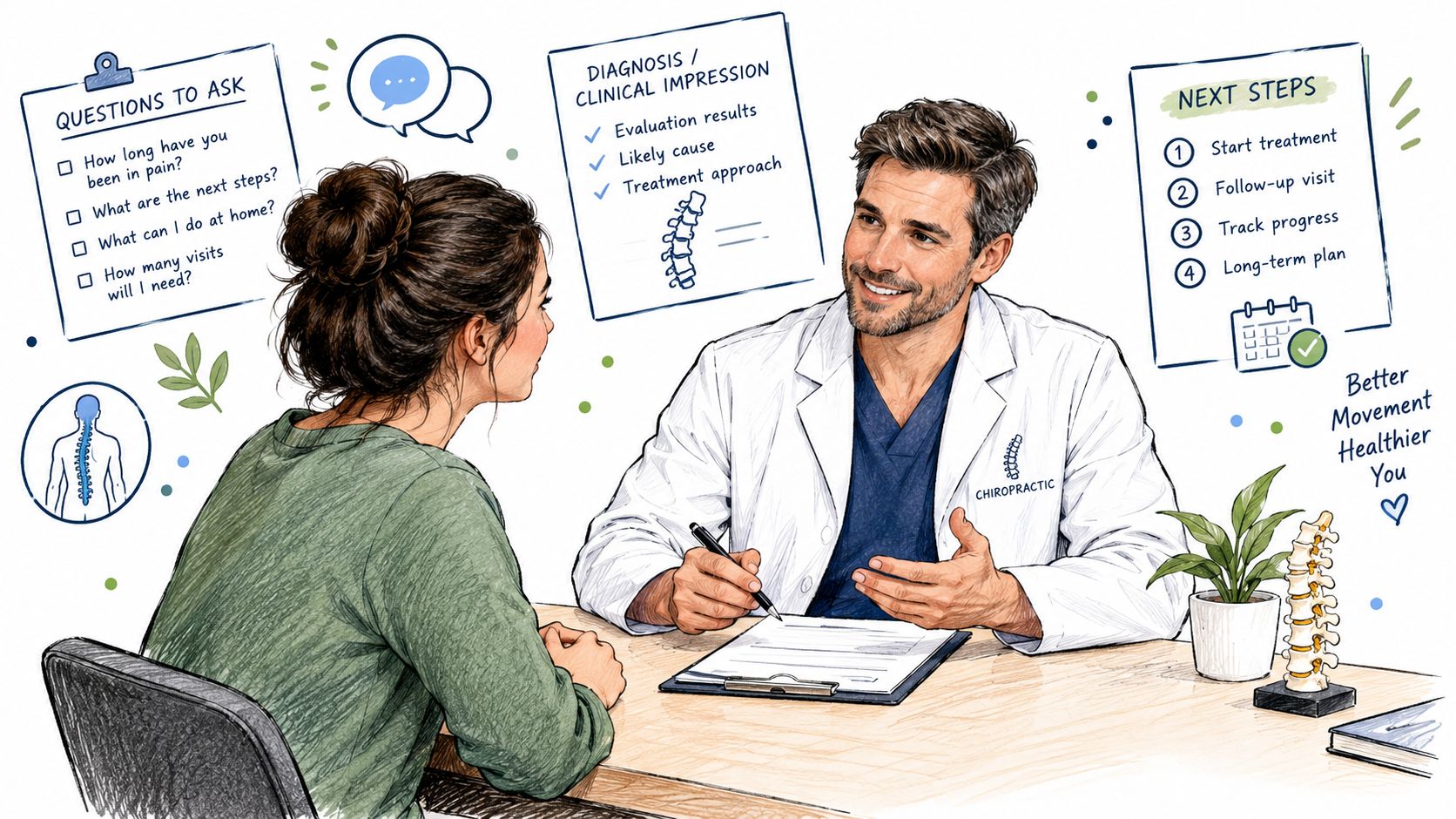 A female patient discussing her treatment plan with a professional chiropractor in a medical office setting.