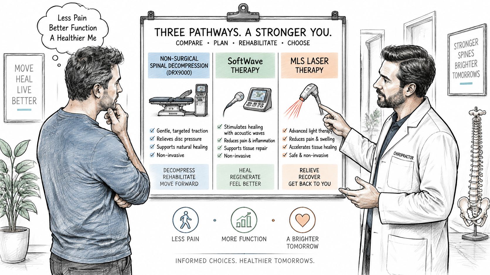 A chiropractor presenting three treatment options to a patient, including spinal decompression, SoftWave, and MLS laser therapy.