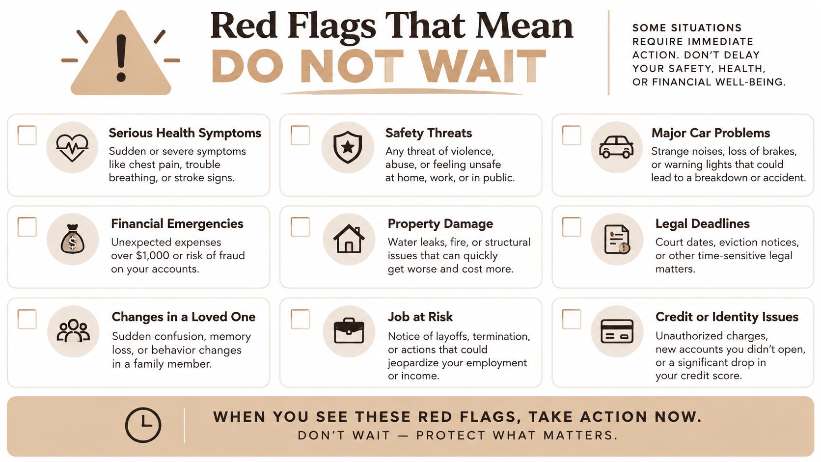 A list of urgent red flags including health, safety, financial, legal, and property emergencies requiring immediate action.