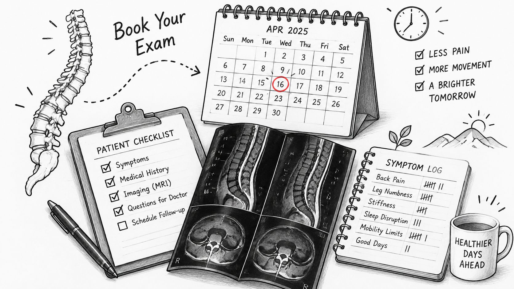 A hand-drawn illustration showing a spine, a patient checklist, an MRI scan, and a scheduled doctor appointment.