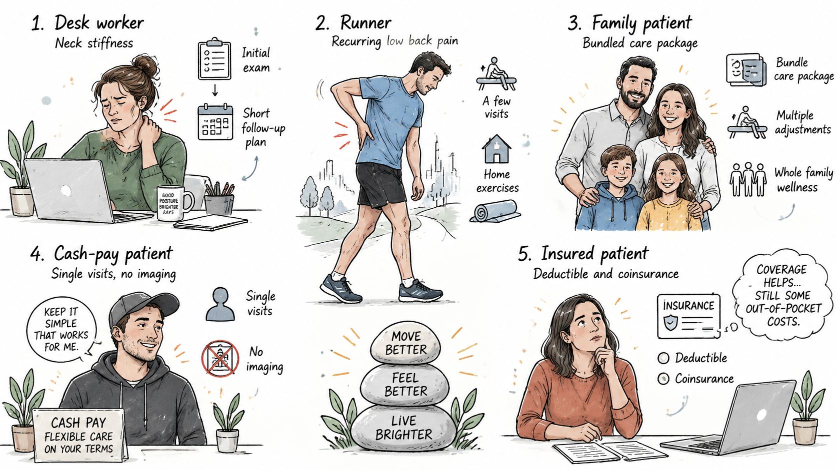 A visual guide illustrating different types of chiropractic care options for desk workers, runners, families, and insurance patients.