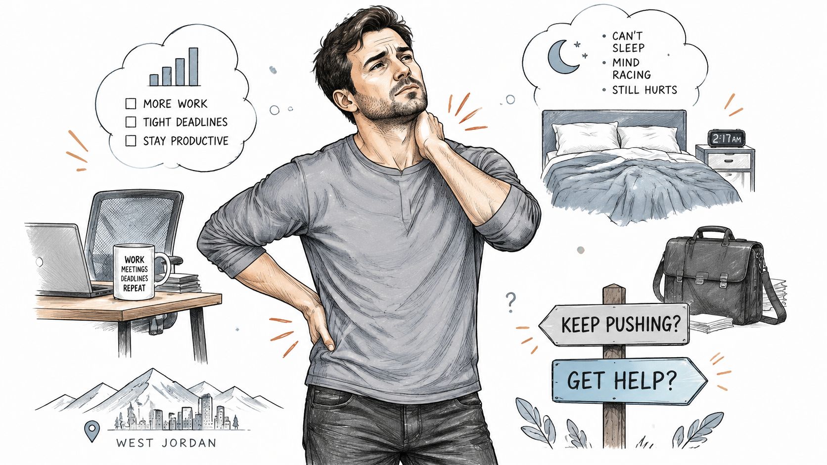 A man feeling stressed and physically strained by work pressures, contemplating seeking help for his health.